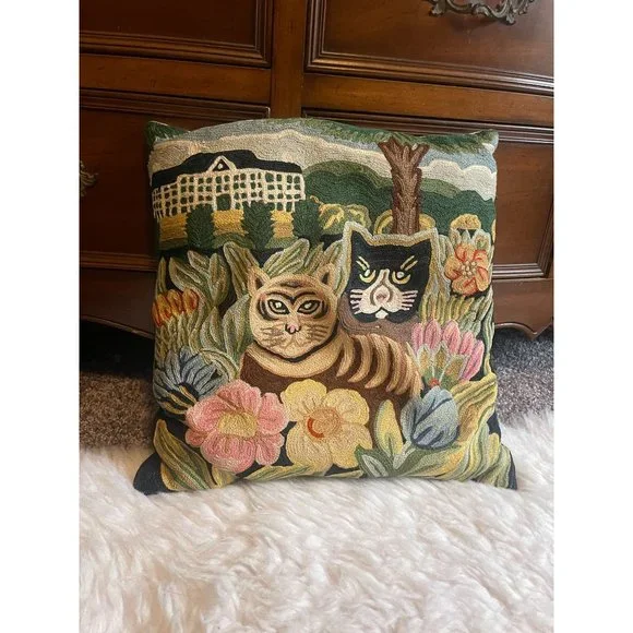 Vintage Chainstitch Embroidery Decorative Pillow with Cats 16 Inch Square - Picture 10 of 10